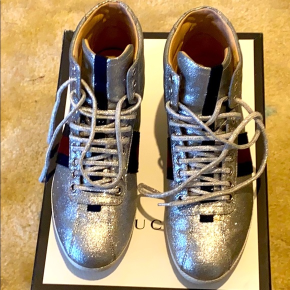 ** Silver Glitter Hightop Gucci Sneakers ** 37 - Picture 1 of 6